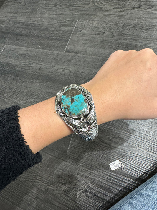 Floral & Feather Turquoise Cuff