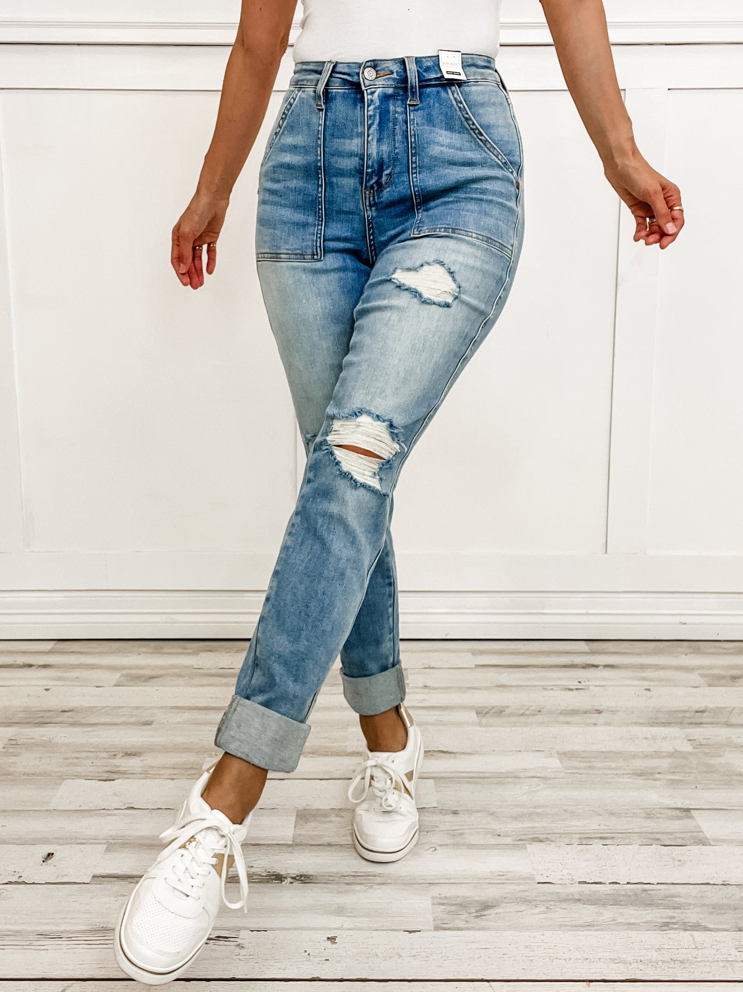 Judy Blue ROMEO Hi-Rise Patch Pocket Distressed Boyfriend Denim Jeans