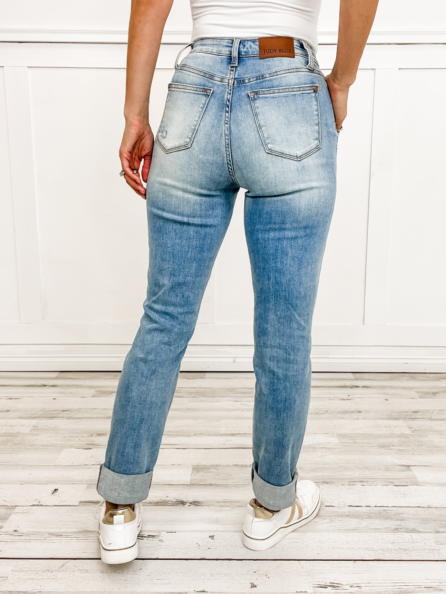 Judy Blue ROMEO Hi-Rise Patch Pocket Distressed Boyfriend Denim Jeans