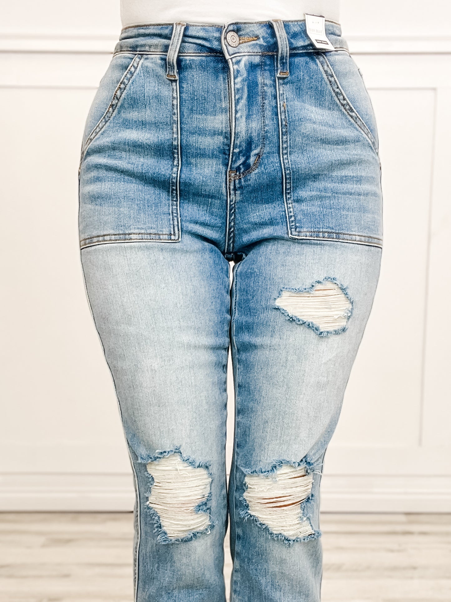 Judy Blue ROMEO Hi-Rise Patch Pocket Distressed Boyfriend Denim Jeans