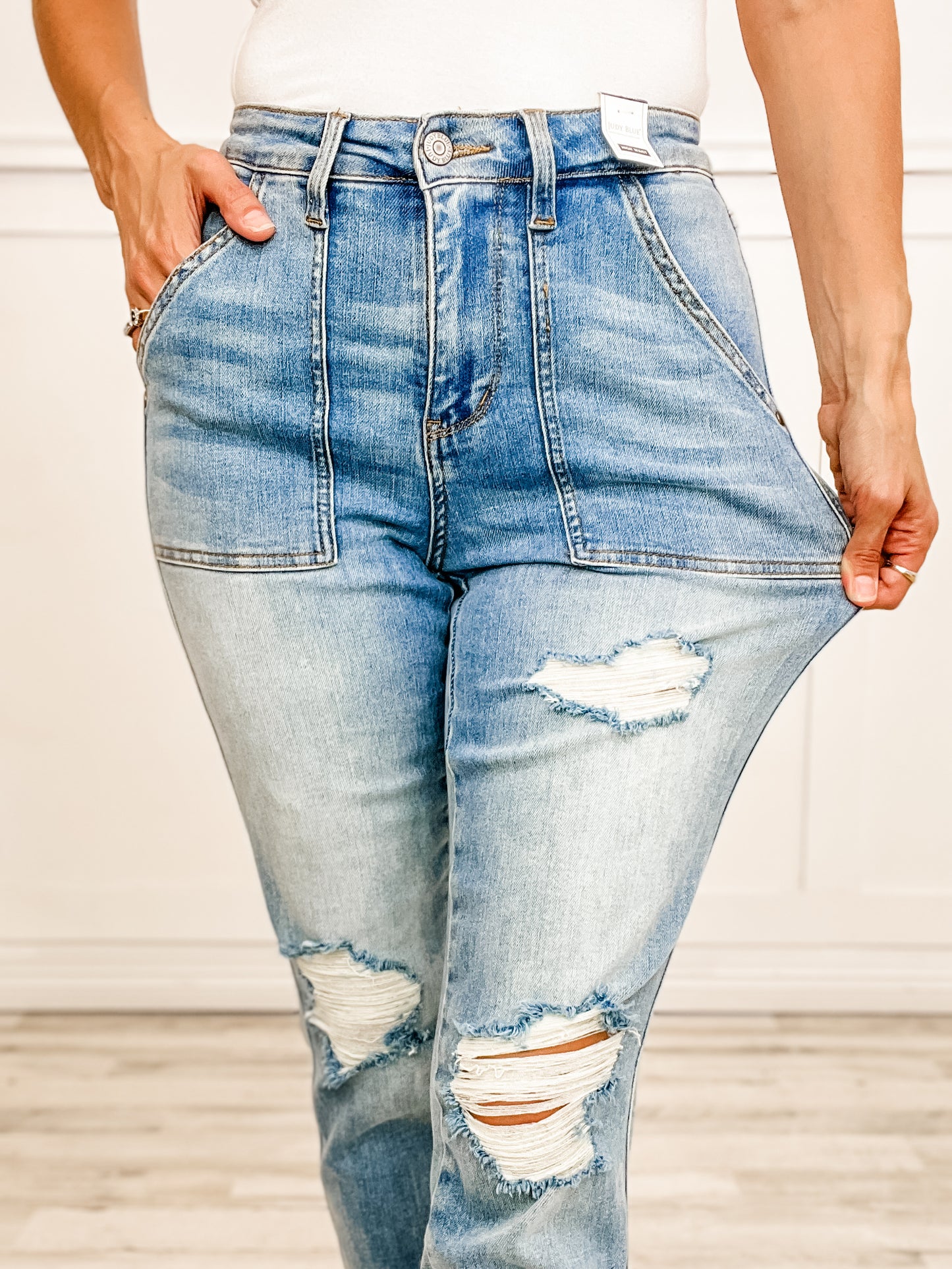 Judy Blue ROMEO Hi-Rise Patch Pocket Distressed Boyfriend Denim Jeans