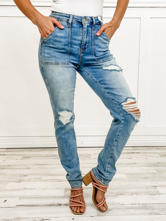 Judy Blue ROMEO Hi-Rise Patch Pocket Distressed Boyfriend Denim Jeans