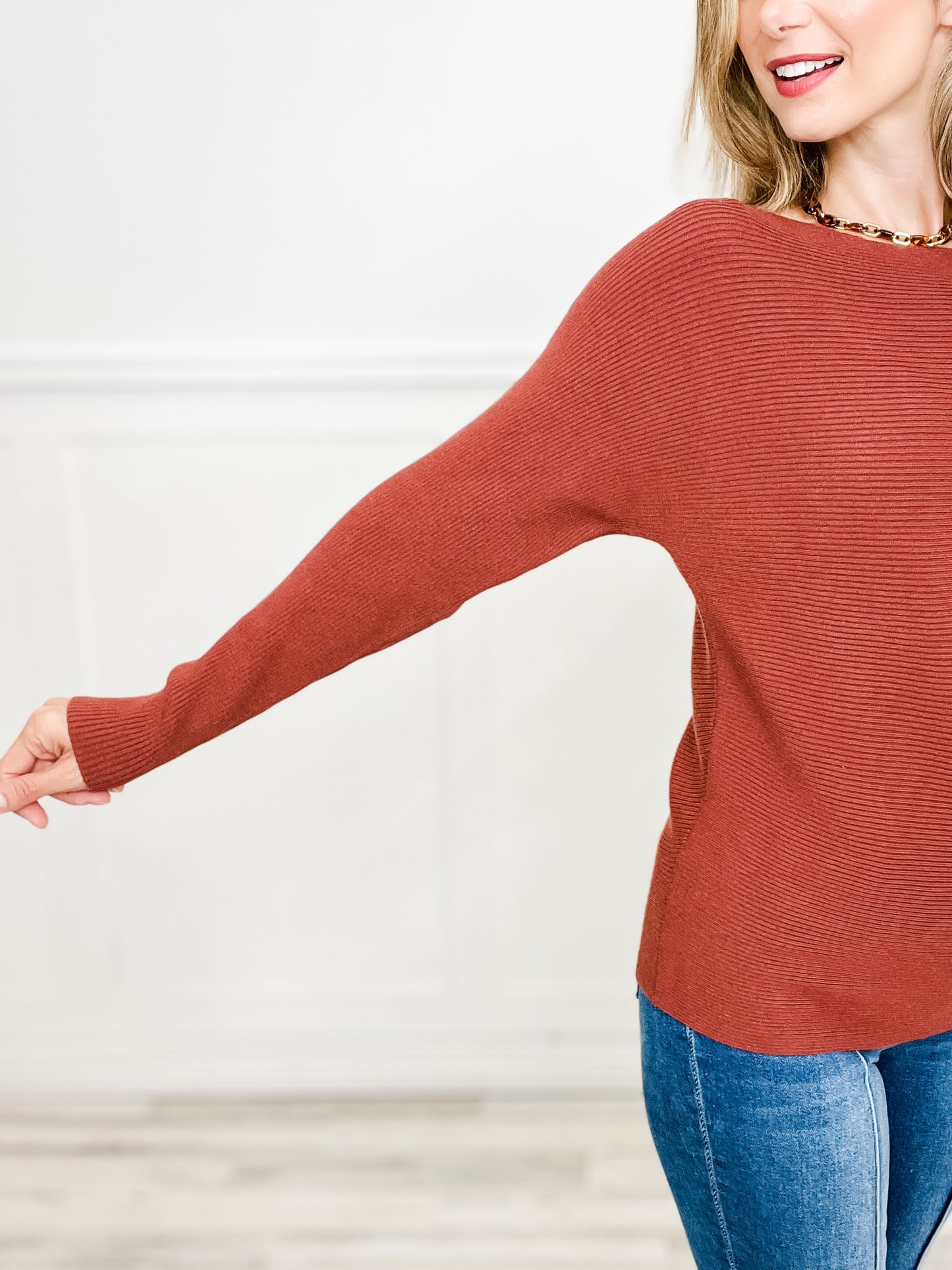 BOAT NECK DOLMAN SLEEVE PULLOVER KNIT TOP