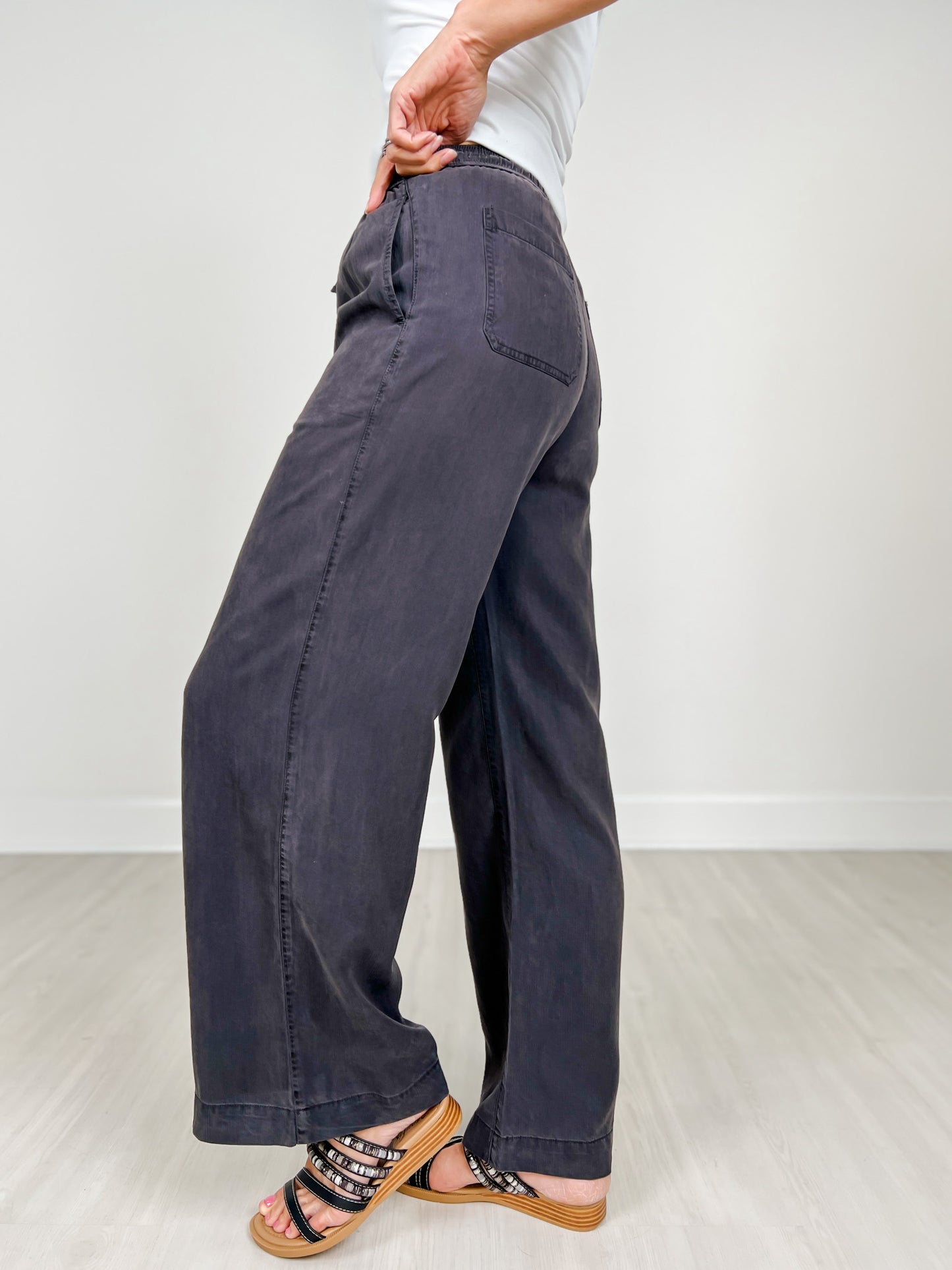 Elastic Waist Band Tencel Wide Leg Pants