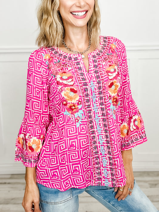 3/4 Sleeve Tunic Top with Split Neckline and Embroidery Detail