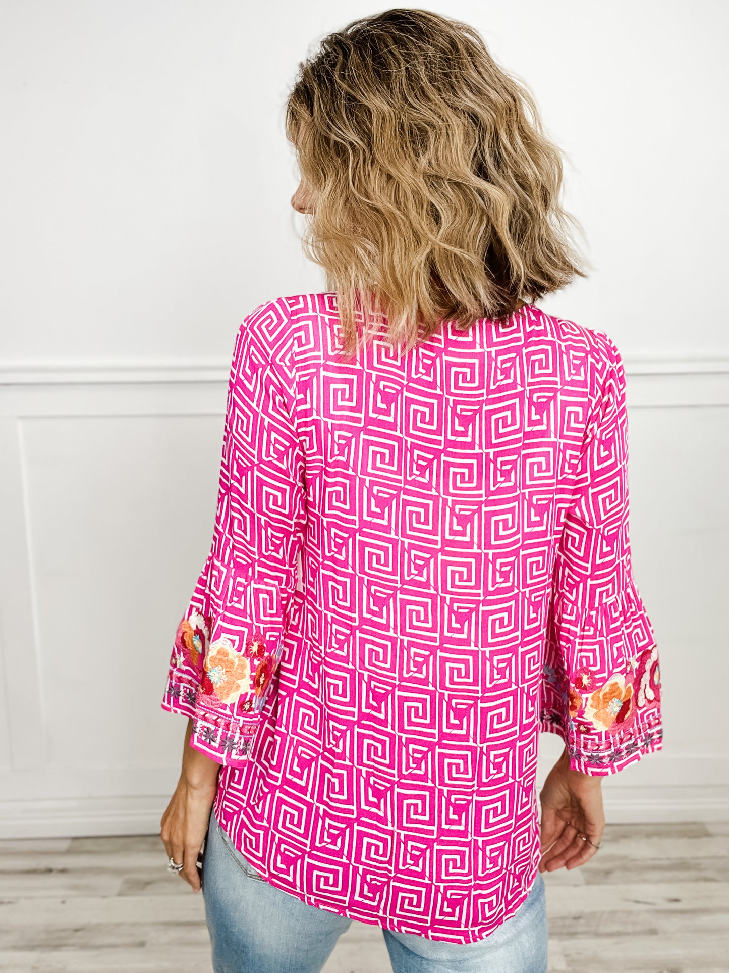 3/4 Sleeve Tunic Top with Split Neckline and Embroidery Detail