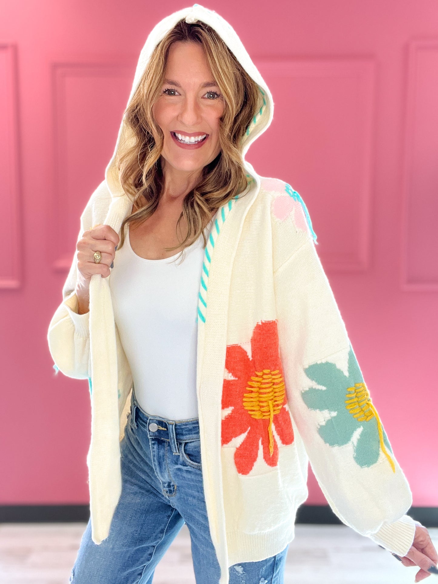 If It Makes You Happy Floral Pattern Fringe Open Front Hooded Cardigan