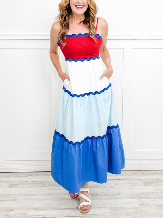 Cotton Poplin Color Block Maxi Dress with Contrast Wave Trim