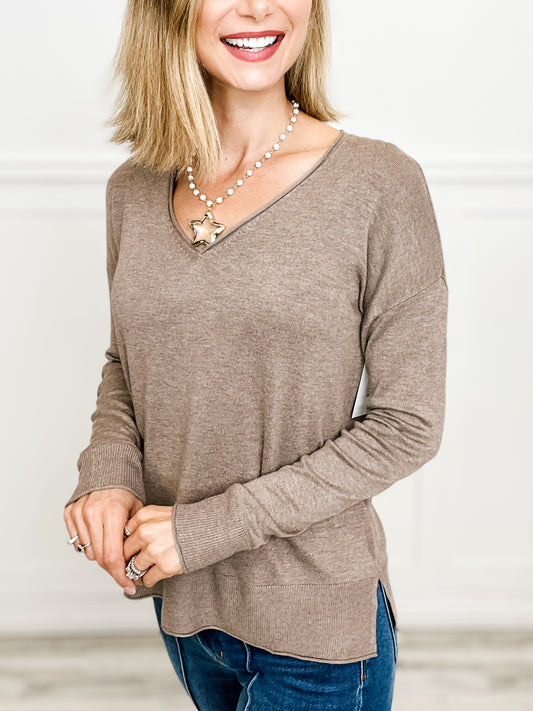 V-NECK DROPPED SHOULDER LONG SLEEVE SWEATER