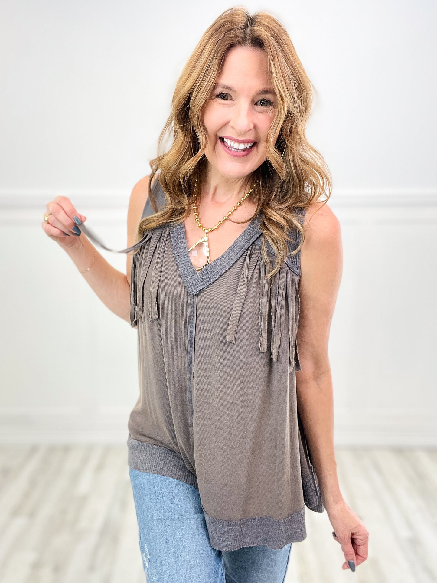 You Get What You Give Fringe Detail V-neck Sleeveless Top