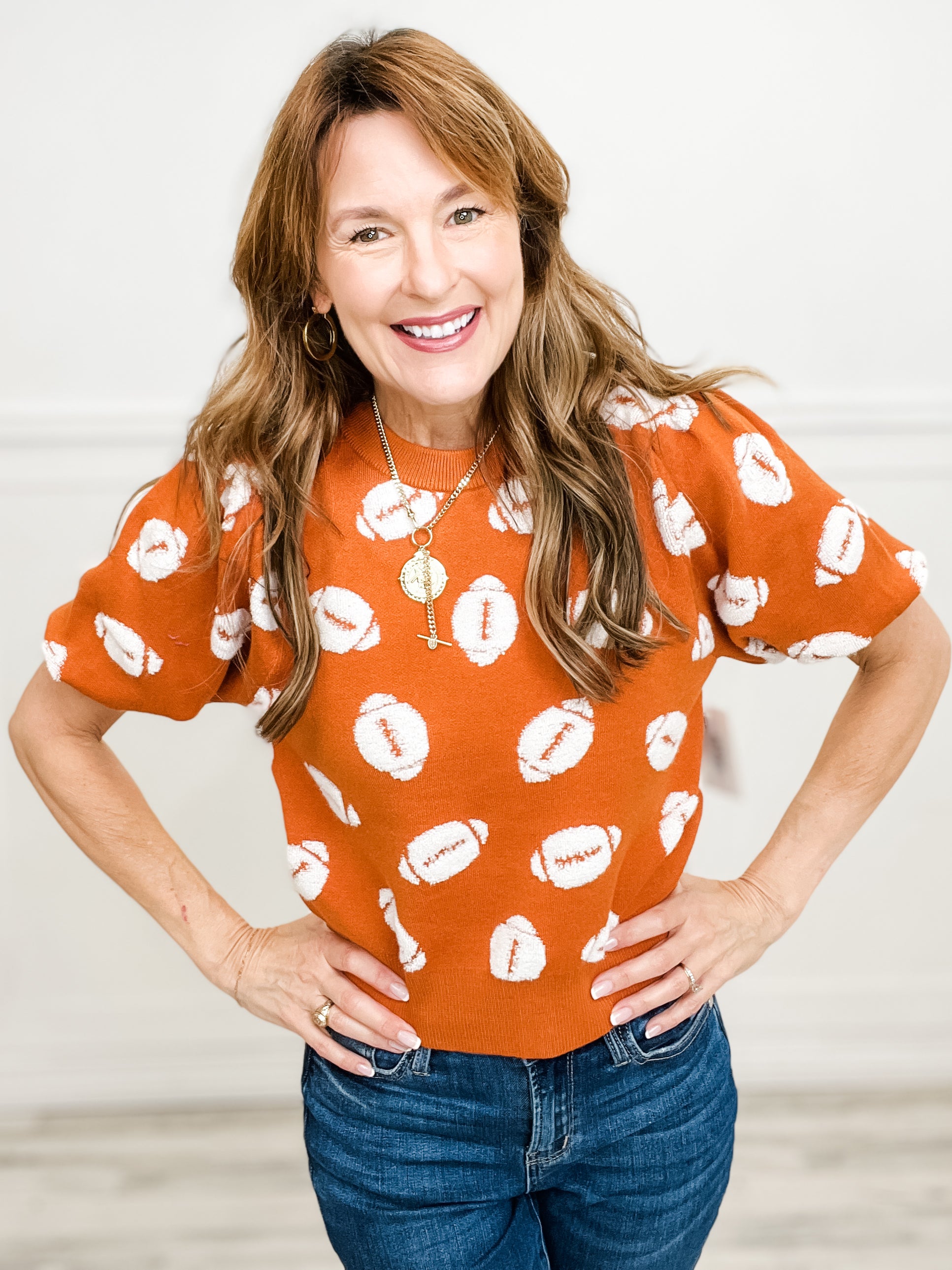Football Embroidery Puff Sleeve Viscose Sweater