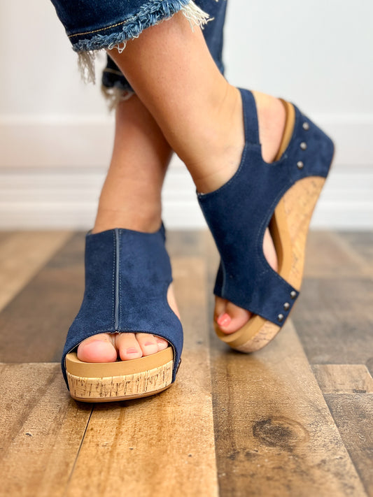 Corkys Carley Wedge Shoes Navy Suede