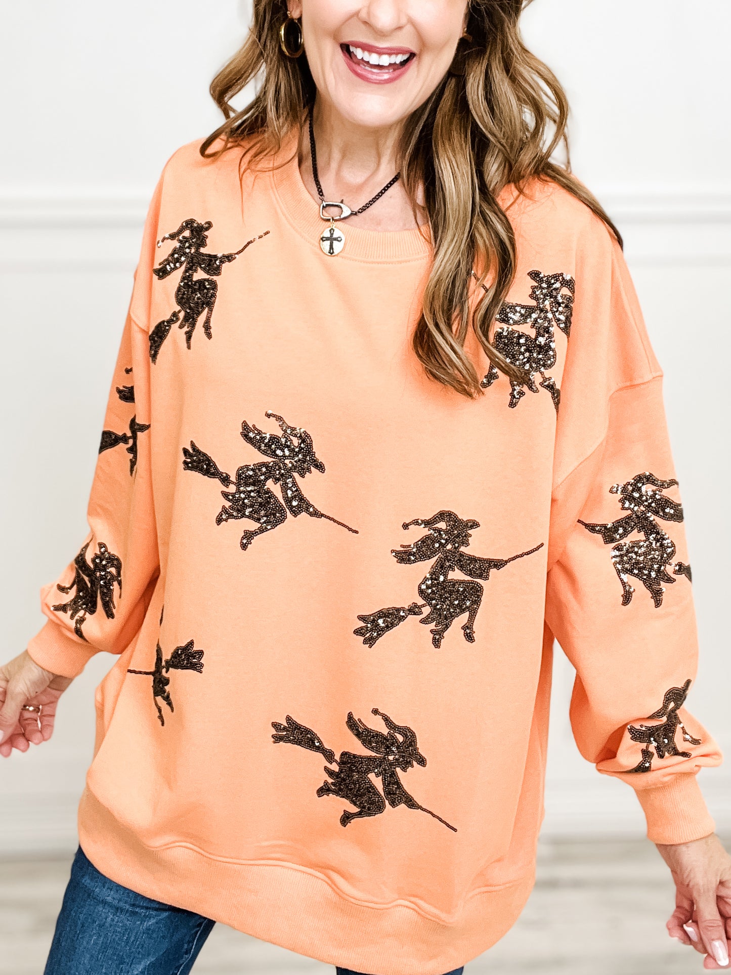 Long Sleeve French Terry Pull Over With Sequins Witch