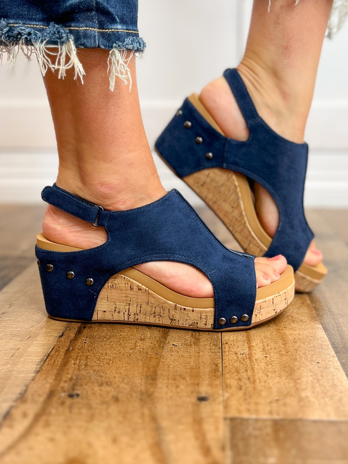 Corkys Carley Wedge Shoes Navy Suede