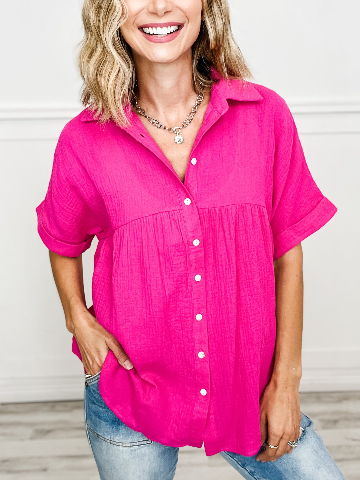 Button Down Baby Doll Top With Dolman Sleeves And Collar Neck Detail