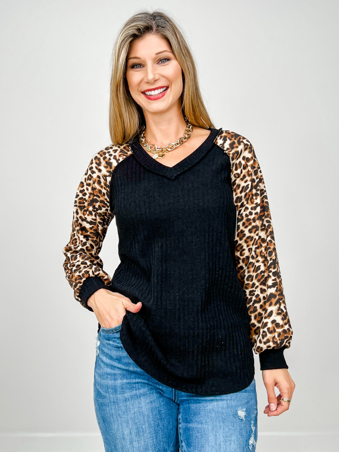 Long Sleeve Solid with Leopard Contrast Sleeves Top