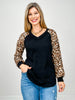 Long Sleeve Solid with Leopard Contrast Sleeves Top