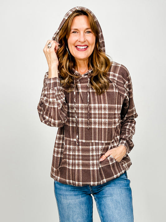 Long Sleeve Plaid Urban Ribbed Hoodie Top