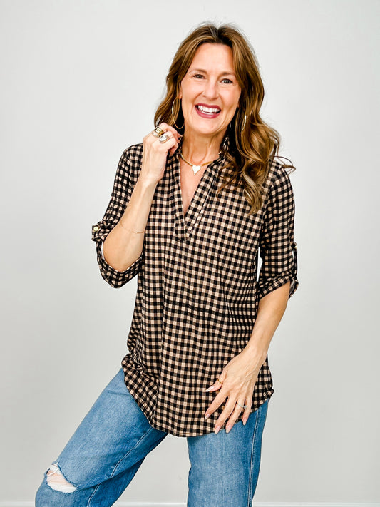 3/4 Roll Up Button Sleeve Top with Mandarin Collar