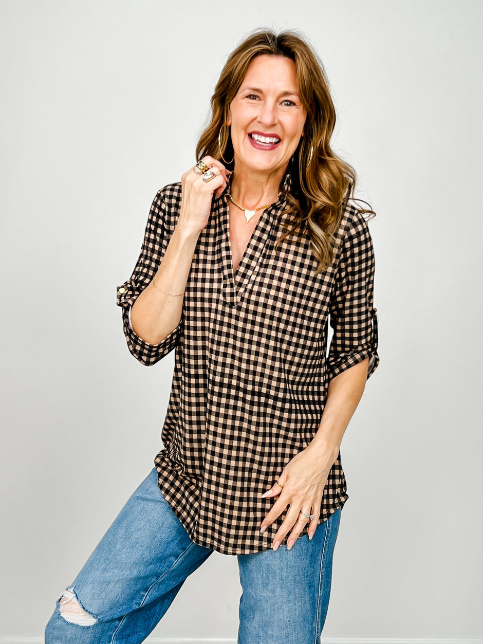 3/4 Roll Up Button Sleeve Top with Mandarin Collar