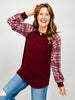Solid Urban Ribbed Plaid Contrast Top with Rounded Hem
