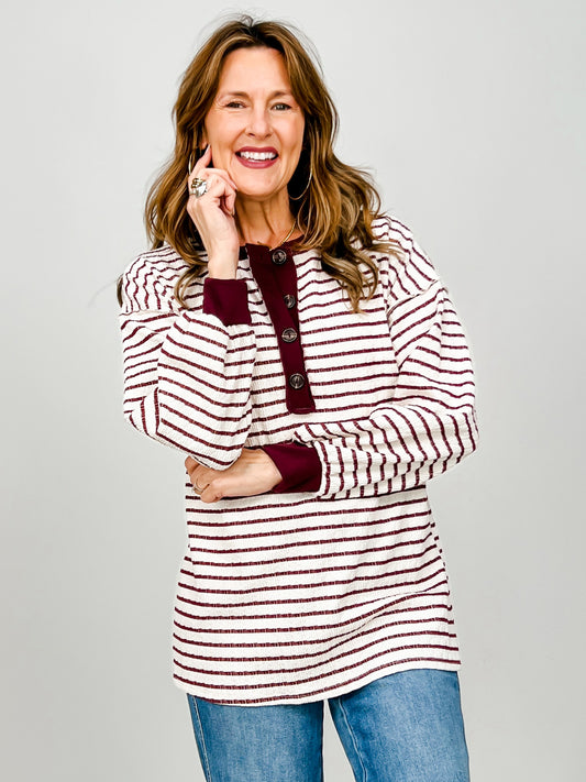 Long Puff Sleeve Striped Button Neckline Top