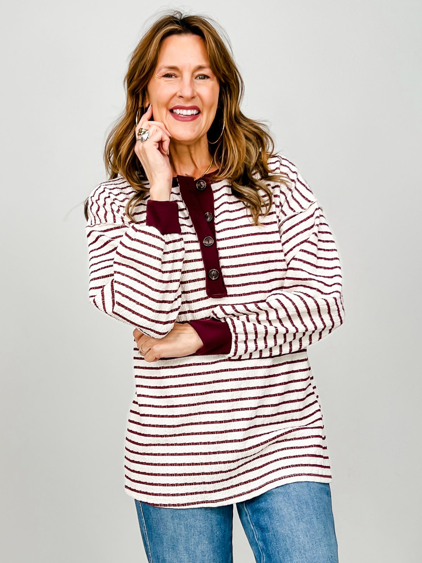 Long Puff Sleeve Striped Button Neckline Top