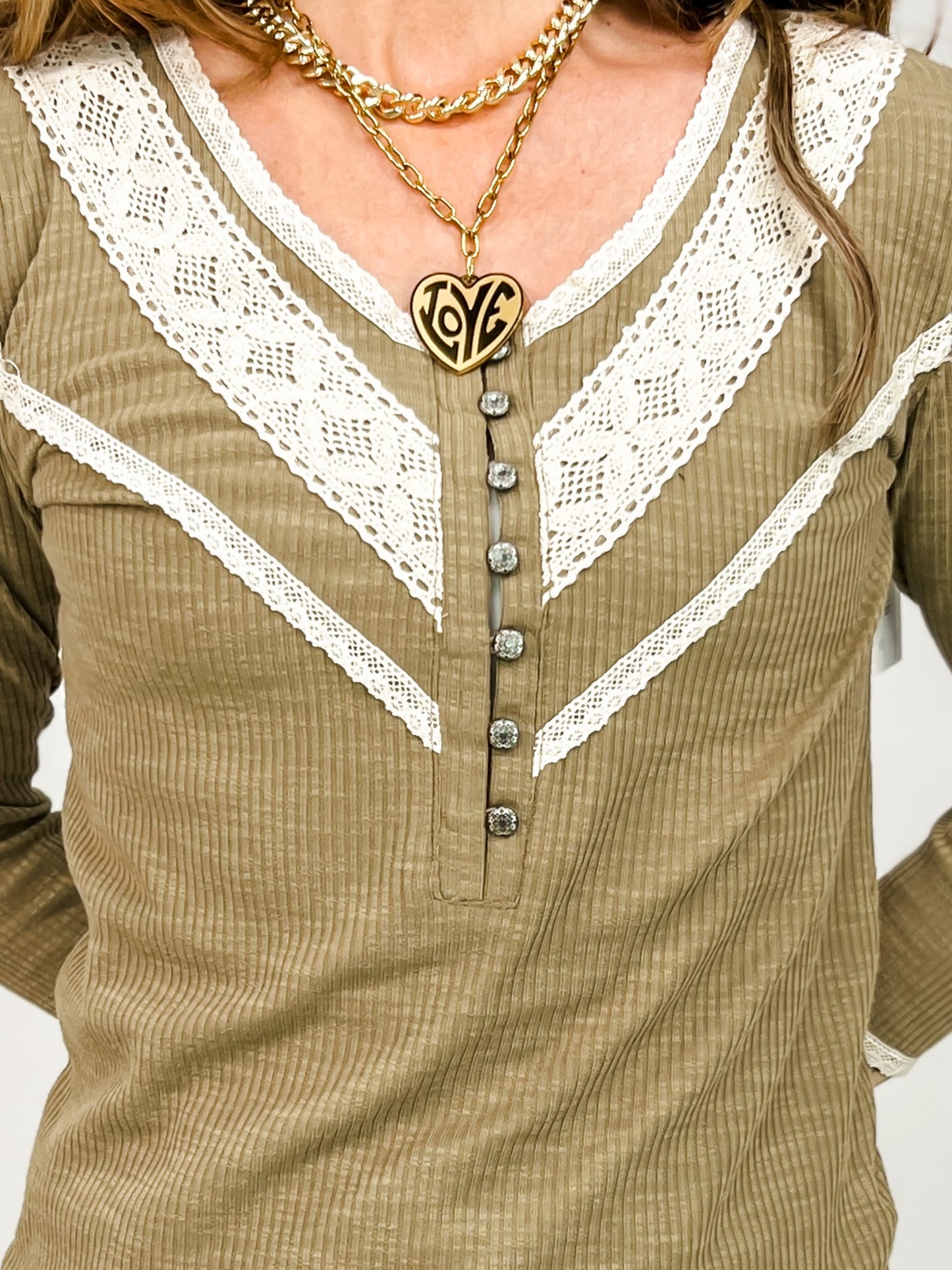 Vintage Wash Long Sleeve Top with Lace Accents