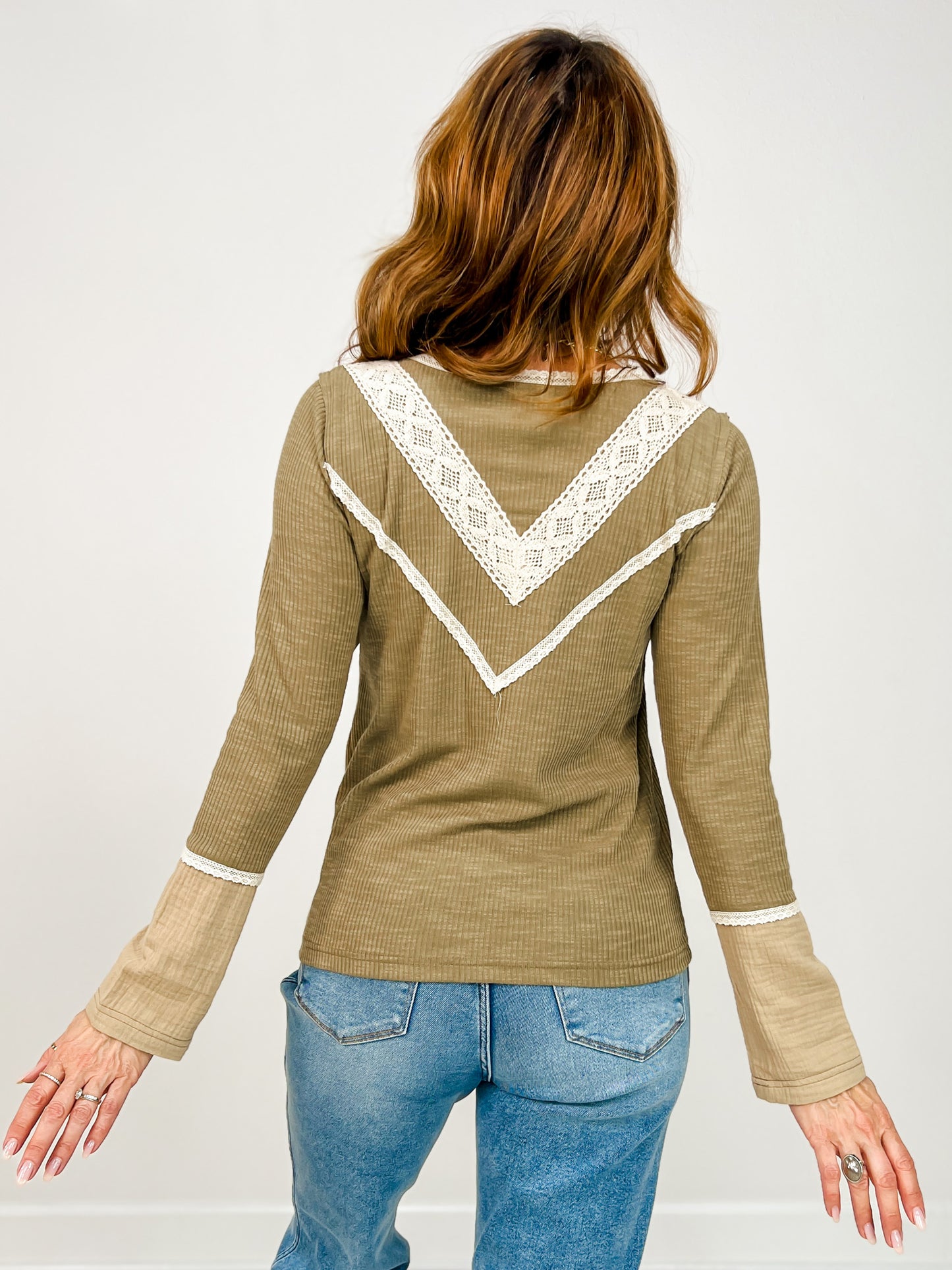 Vintage Wash Long Sleeve Top with Lace Accents