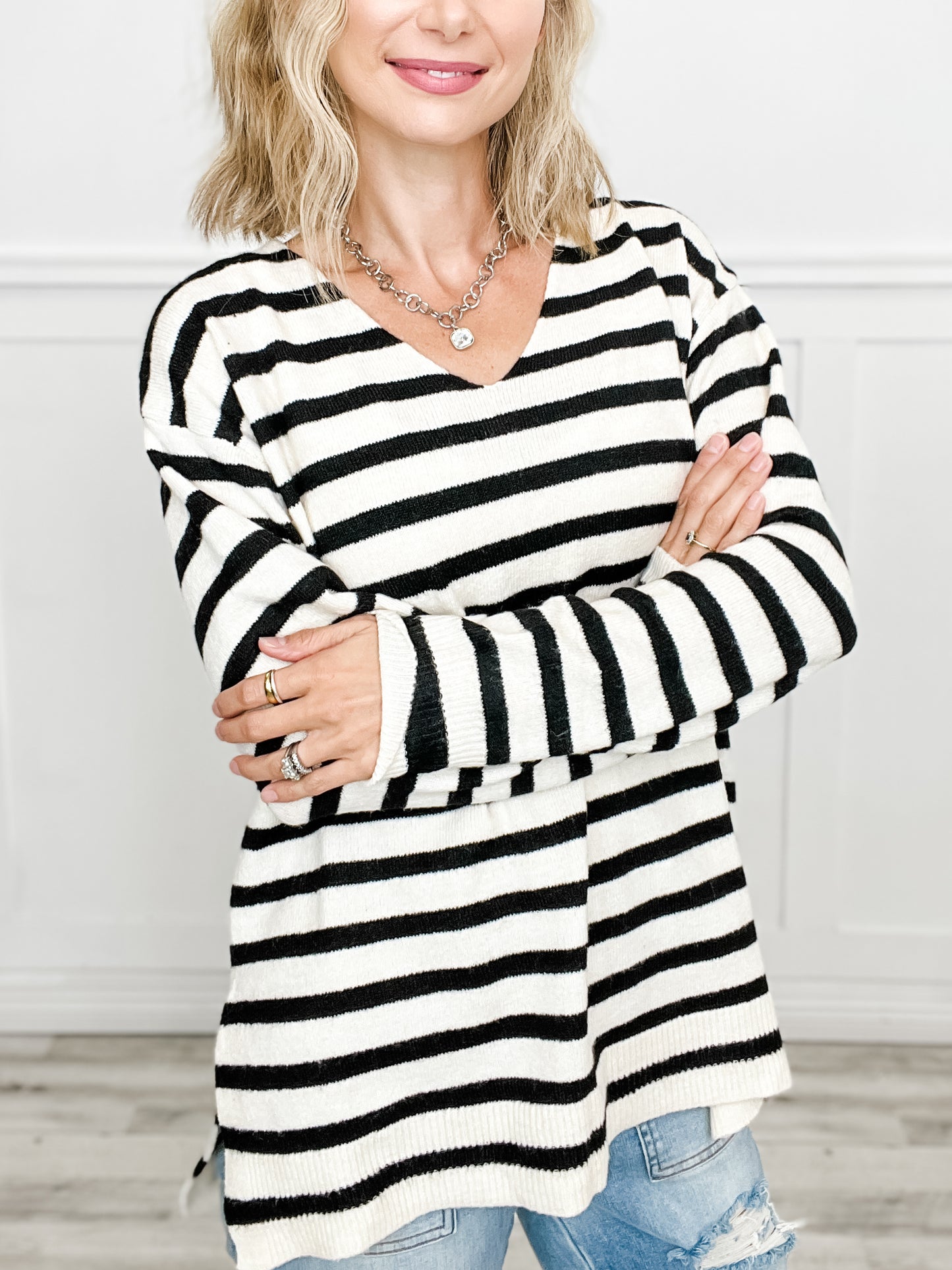 Long Sleeve V-Neck Striped Sweater Top