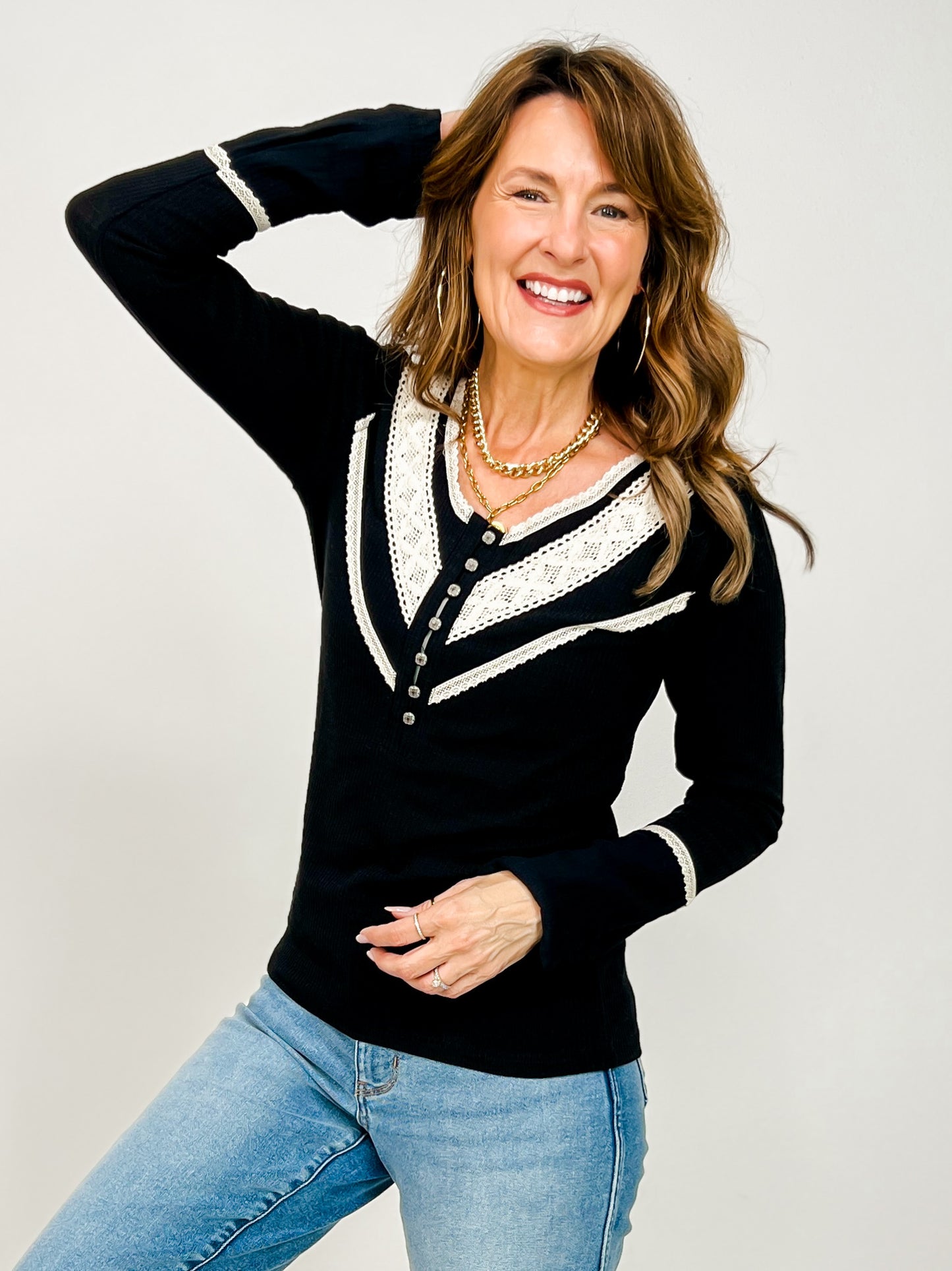 Vintage Wash Long Sleeve Top with Lace Accents