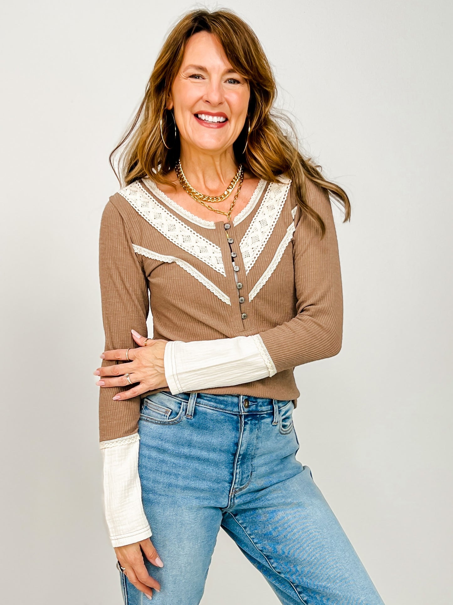 Vintage Wash Long Sleeve Top with Lace Accents