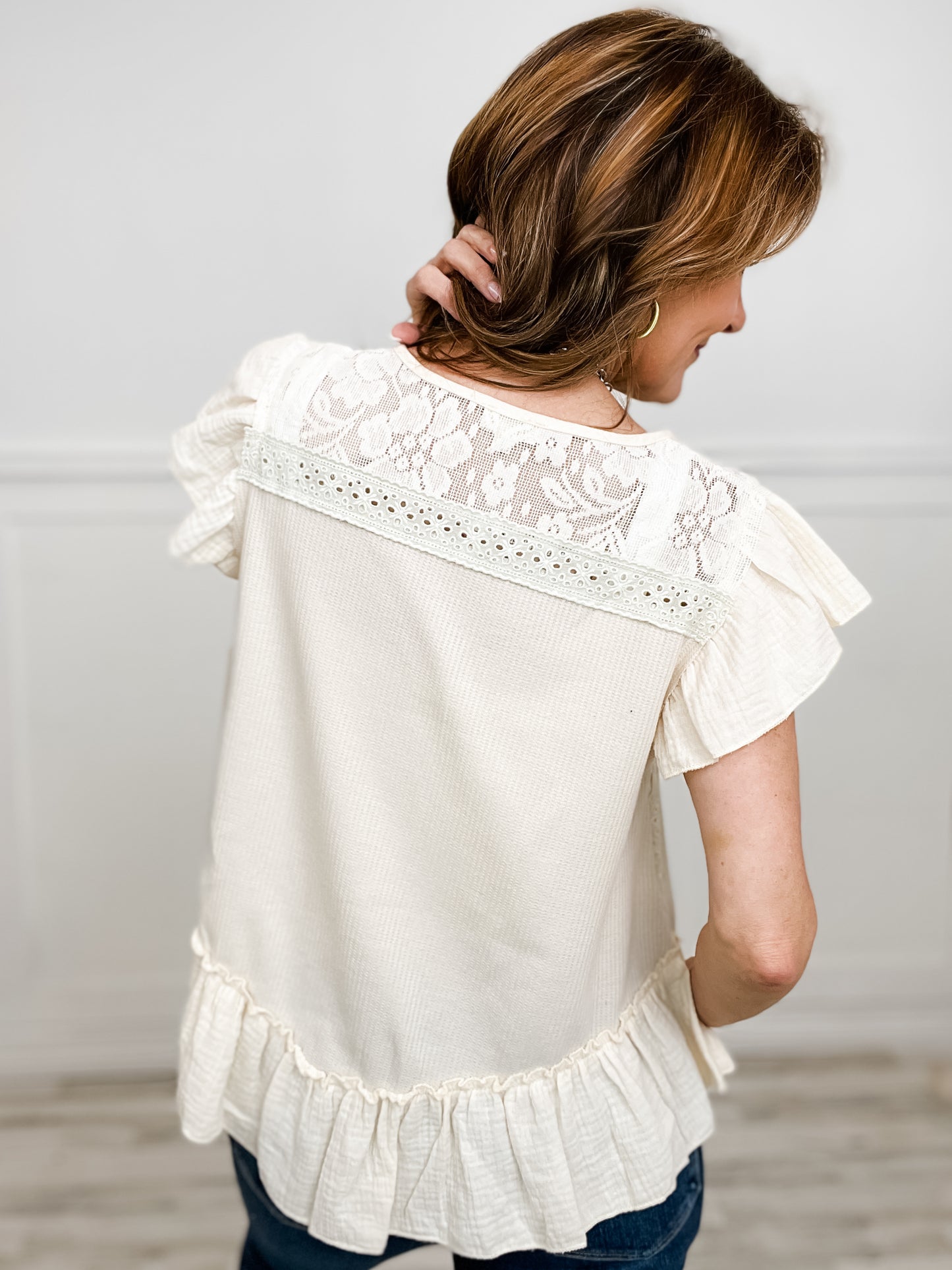 Button Down Short Ruffle Sleeve Woven Top