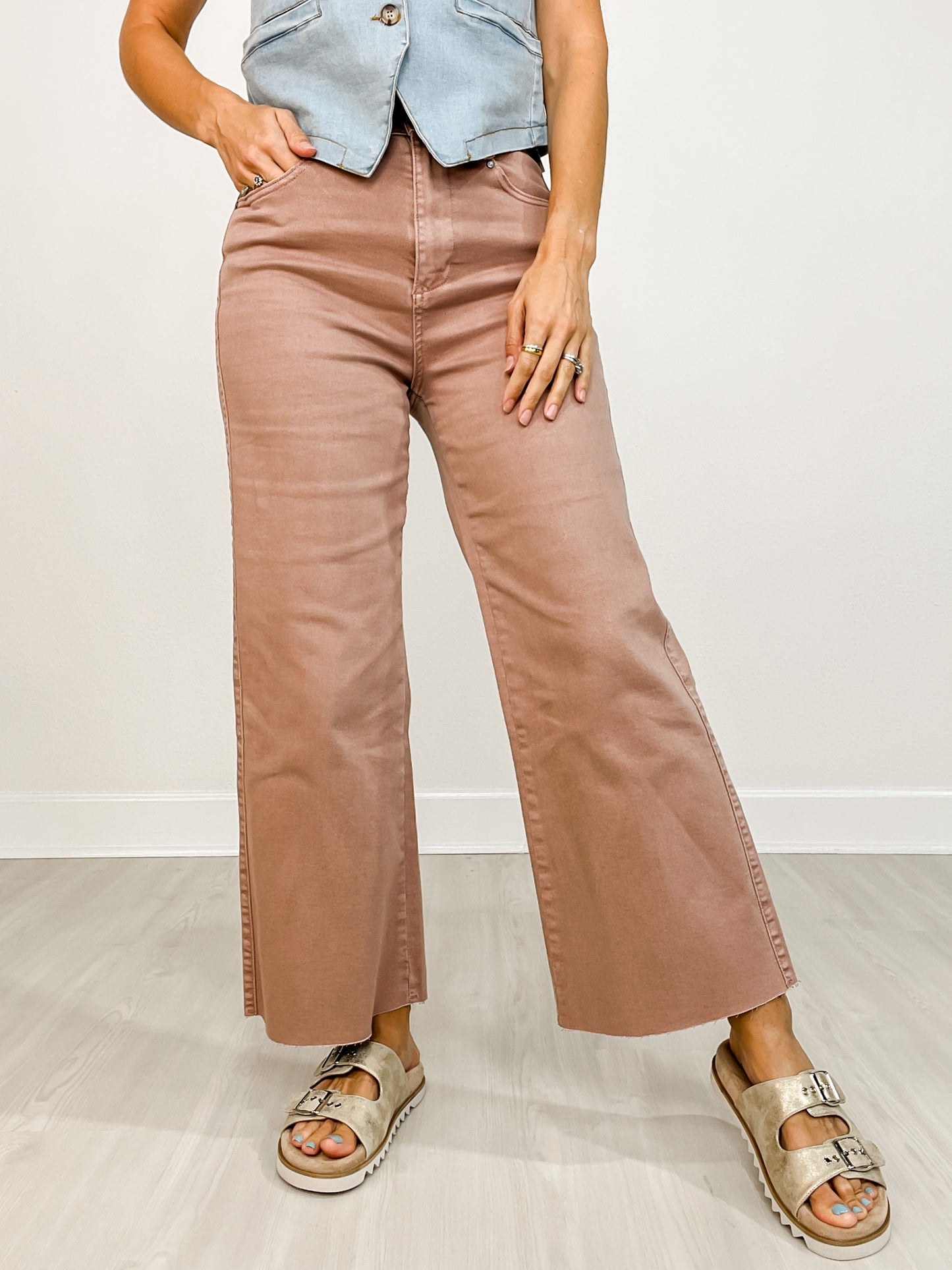 Stretch Denim High Rise Wide Leg Cropped Pants