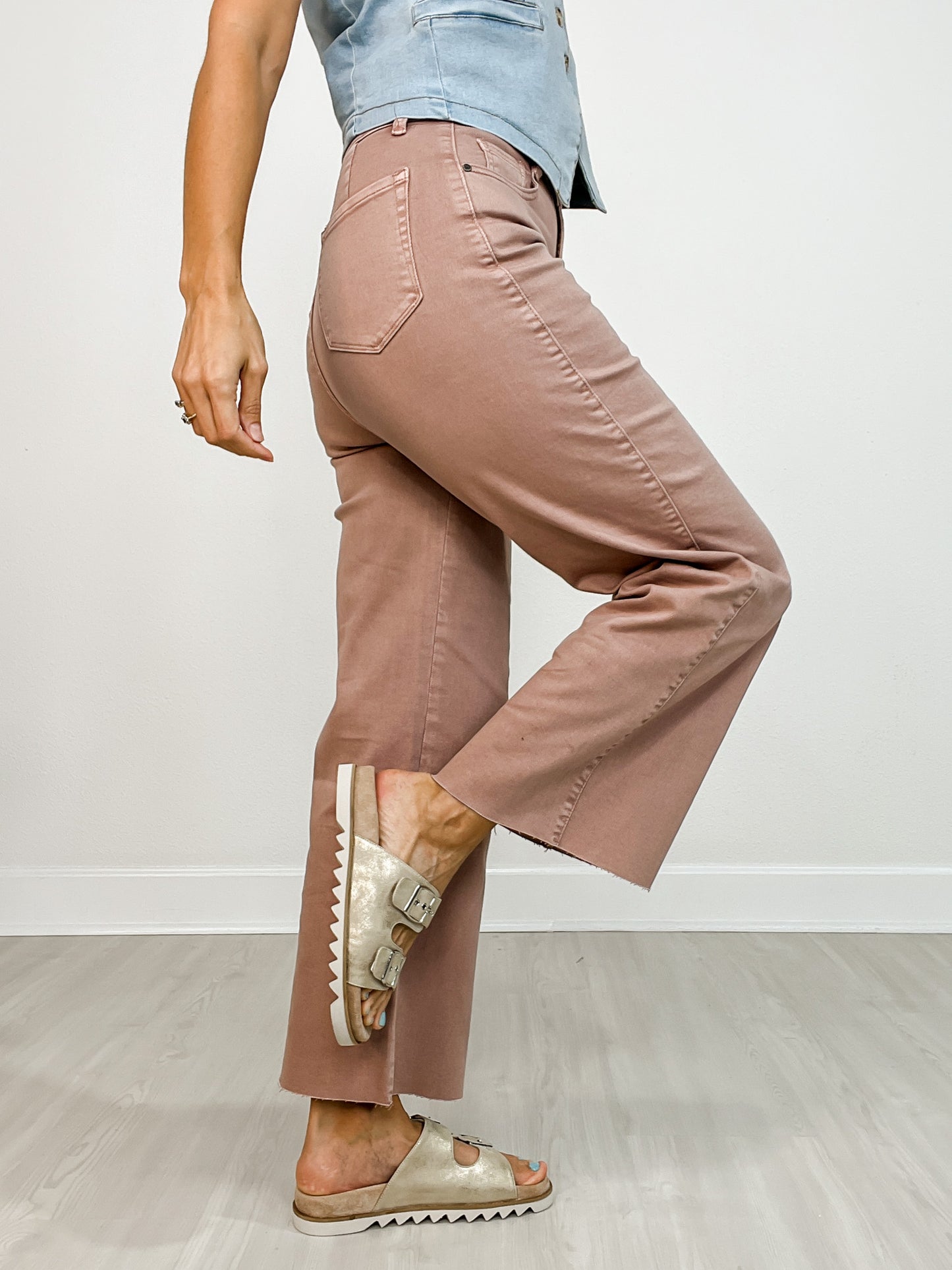 Stretch Denim High Rise Wide Leg Cropped Pants