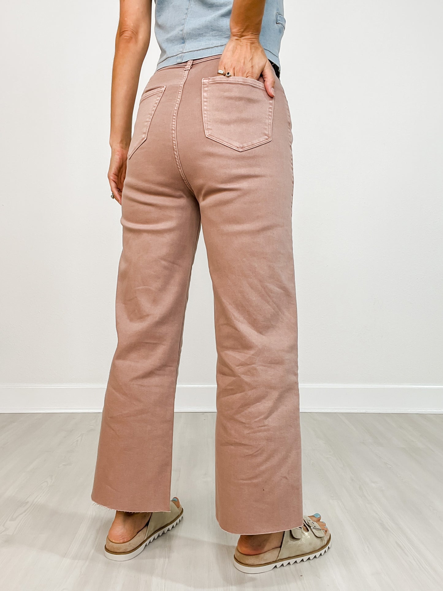 Stretch Denim High Rise Wide Leg Cropped Pants