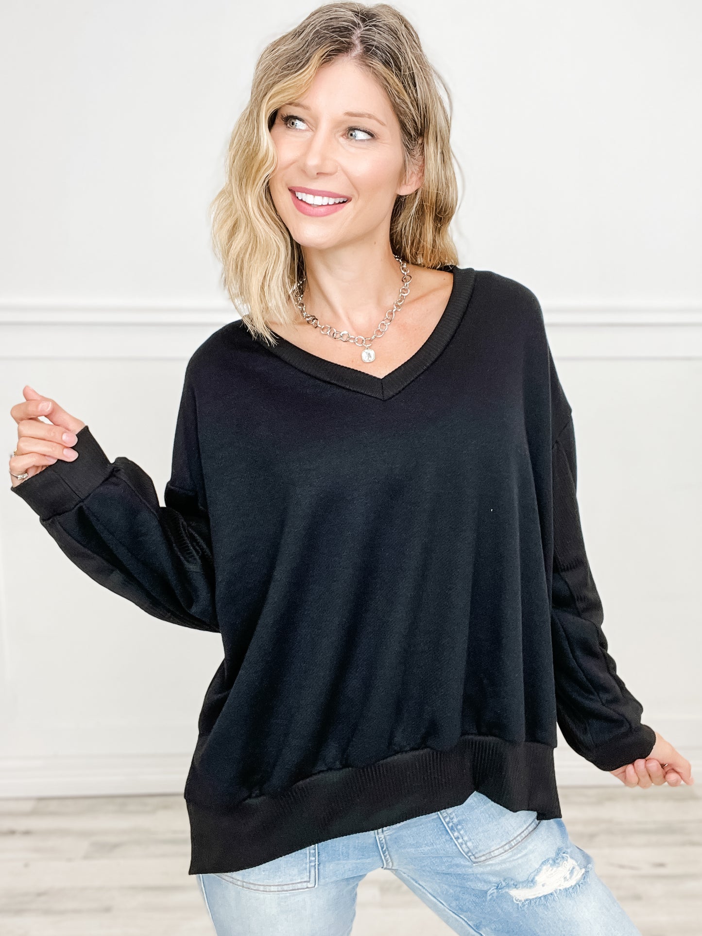 V-Neck French Terry Long Sleeve Top