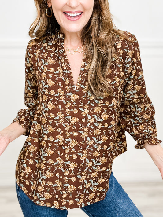 FLORAL PRINT RUFFLE NECK DETAIL BLOUSE