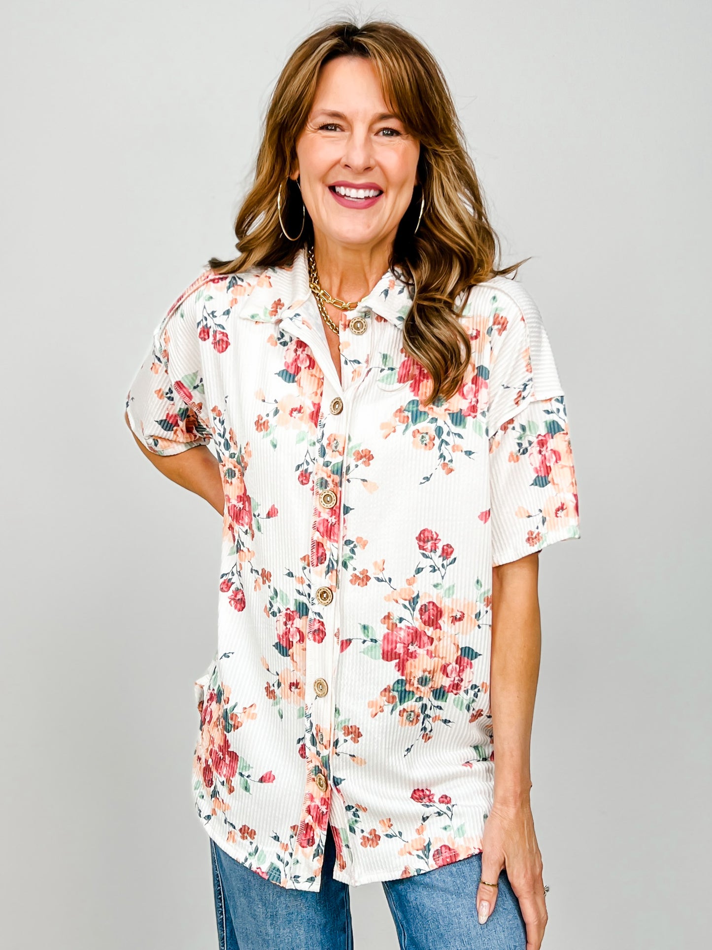 Floral Urban Rib Button Down Collared Top