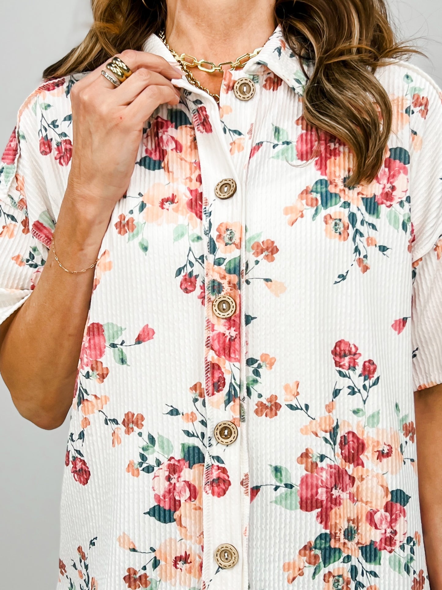 Floral Urban Rib Button Down Collared Top