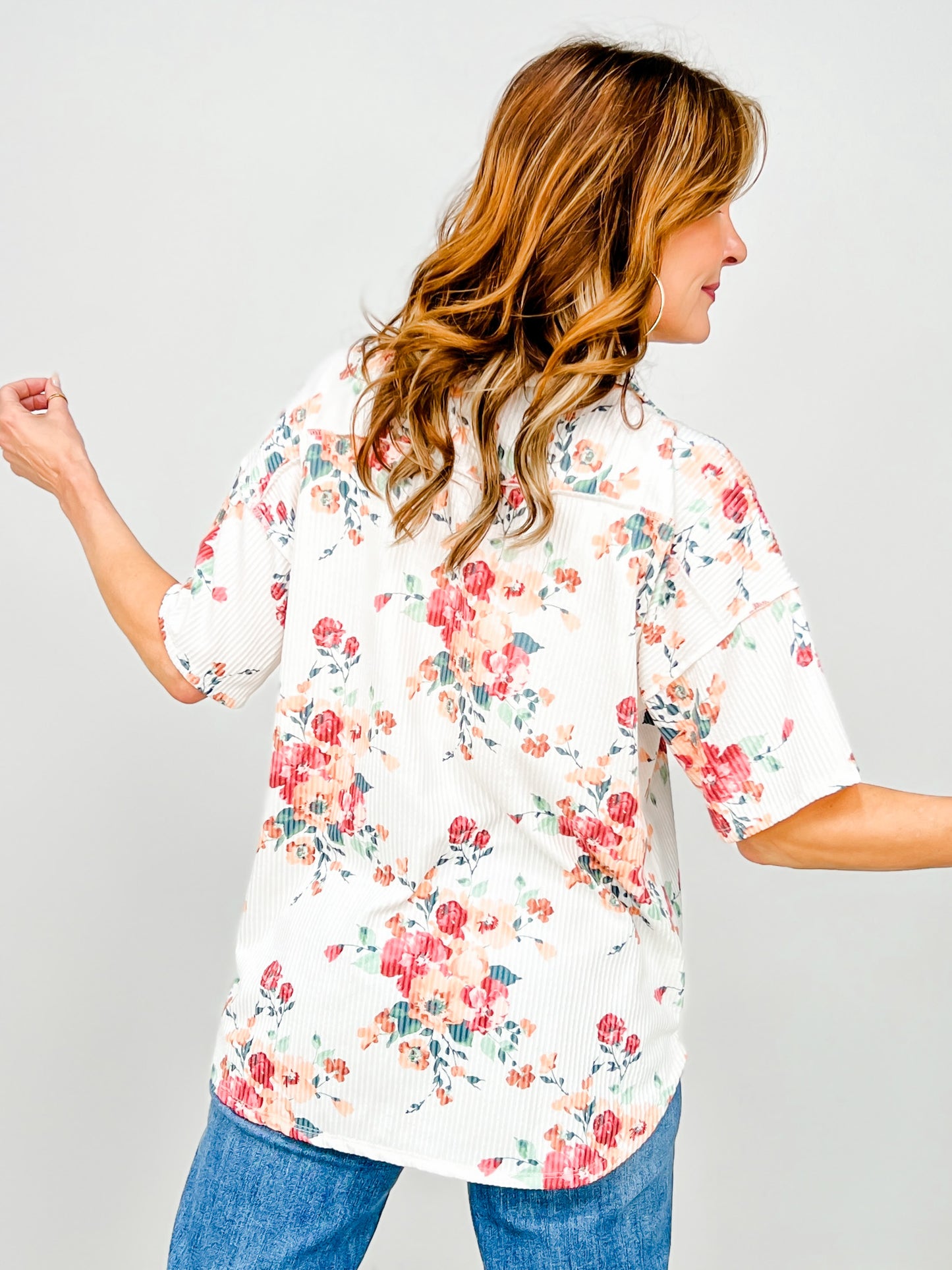 Floral Urban Rib Button Down Collared Top