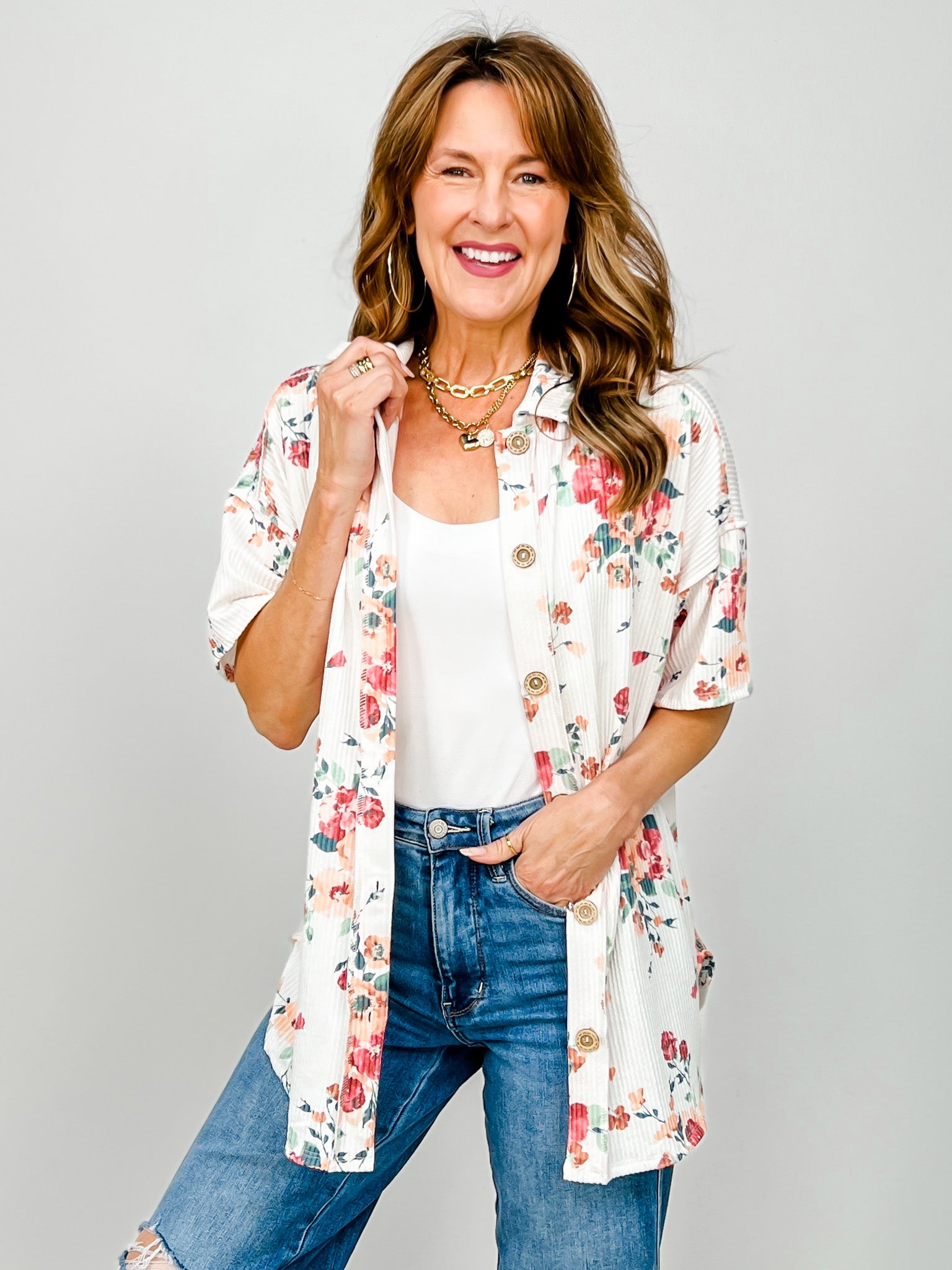 Floral Urban Rib Button Down Collared Top