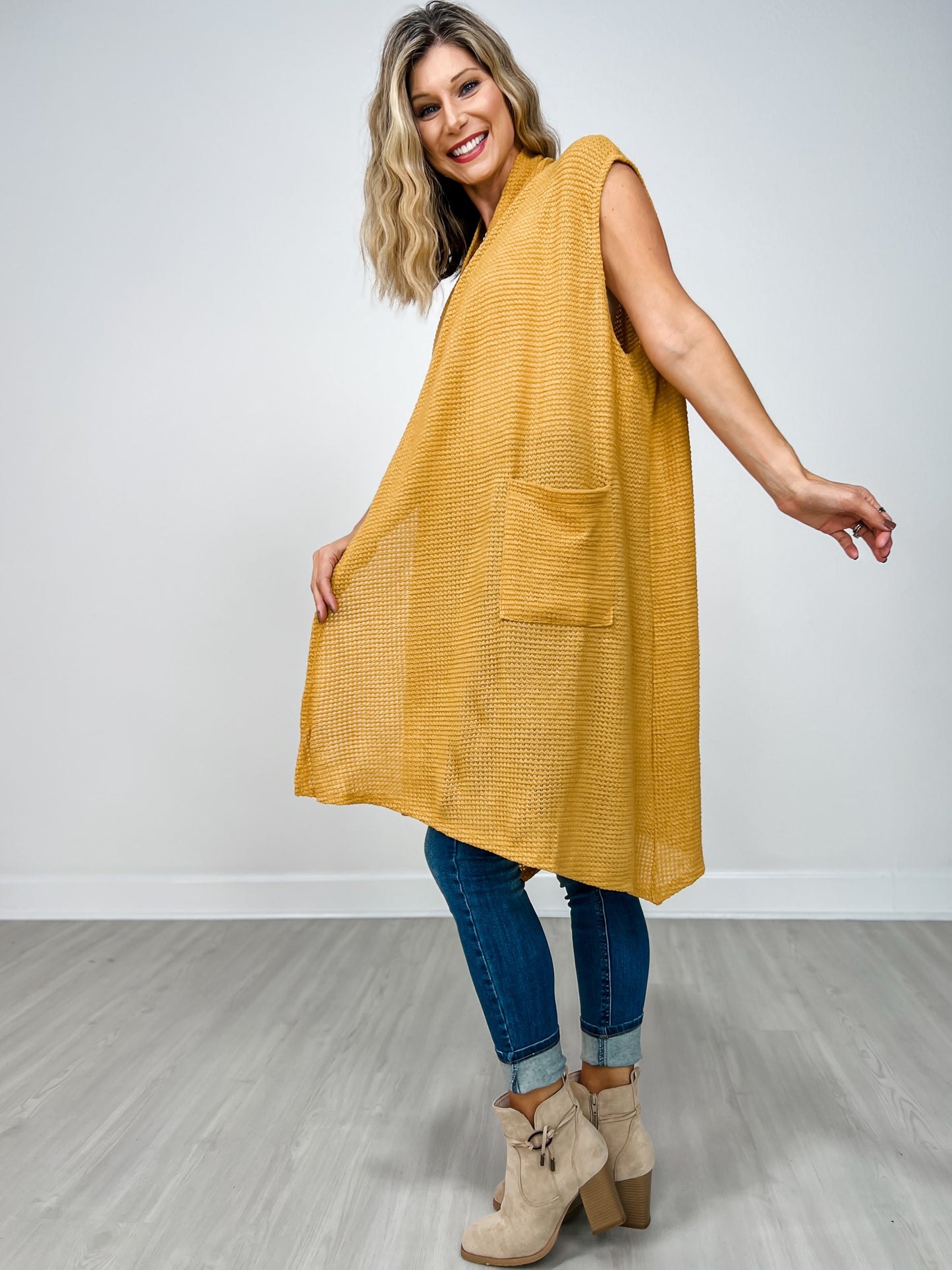 Open Front Crochet Midi Vest in MARIGOLD