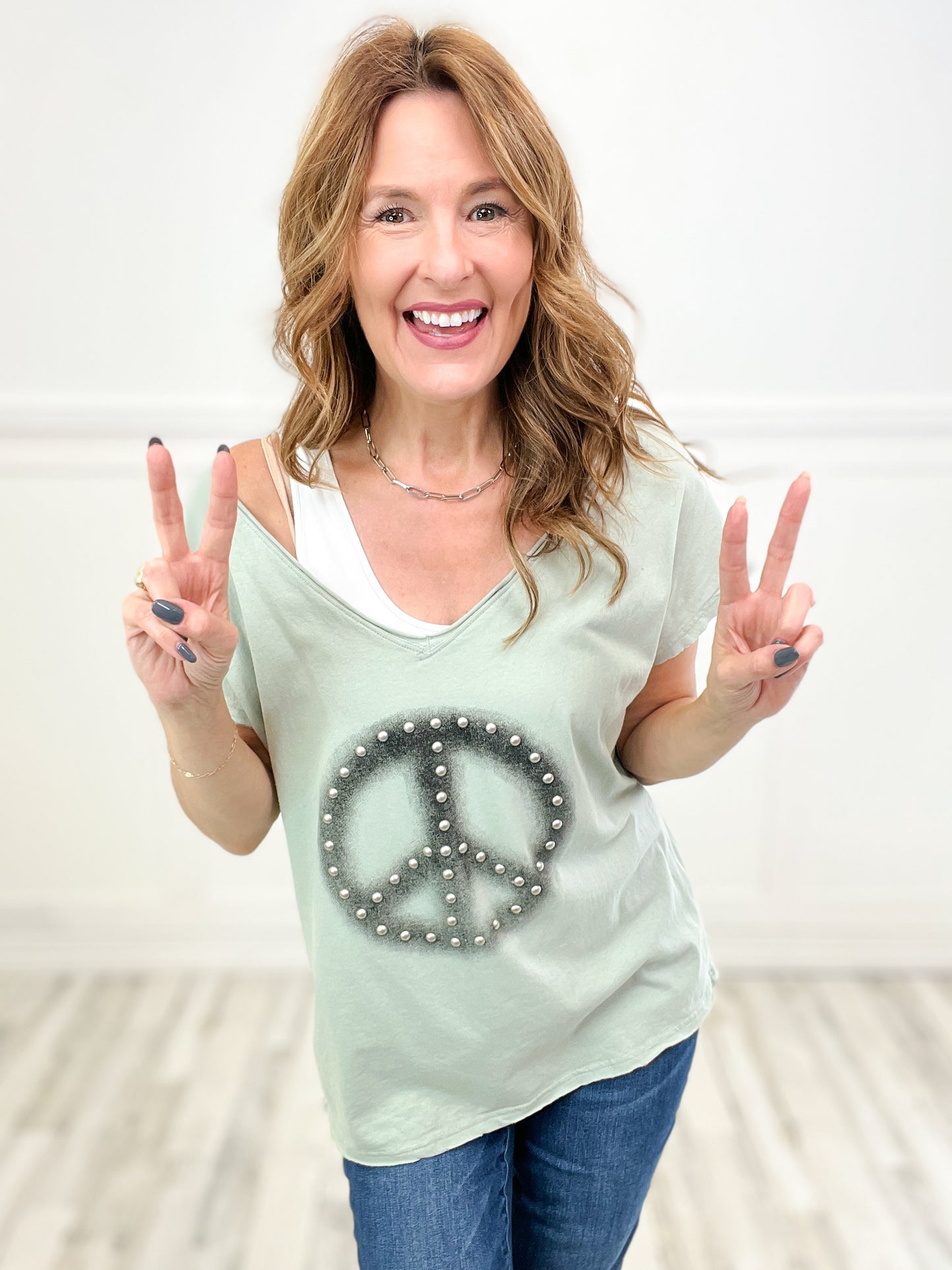 V-Neck Peace Printed Classic Knit Top