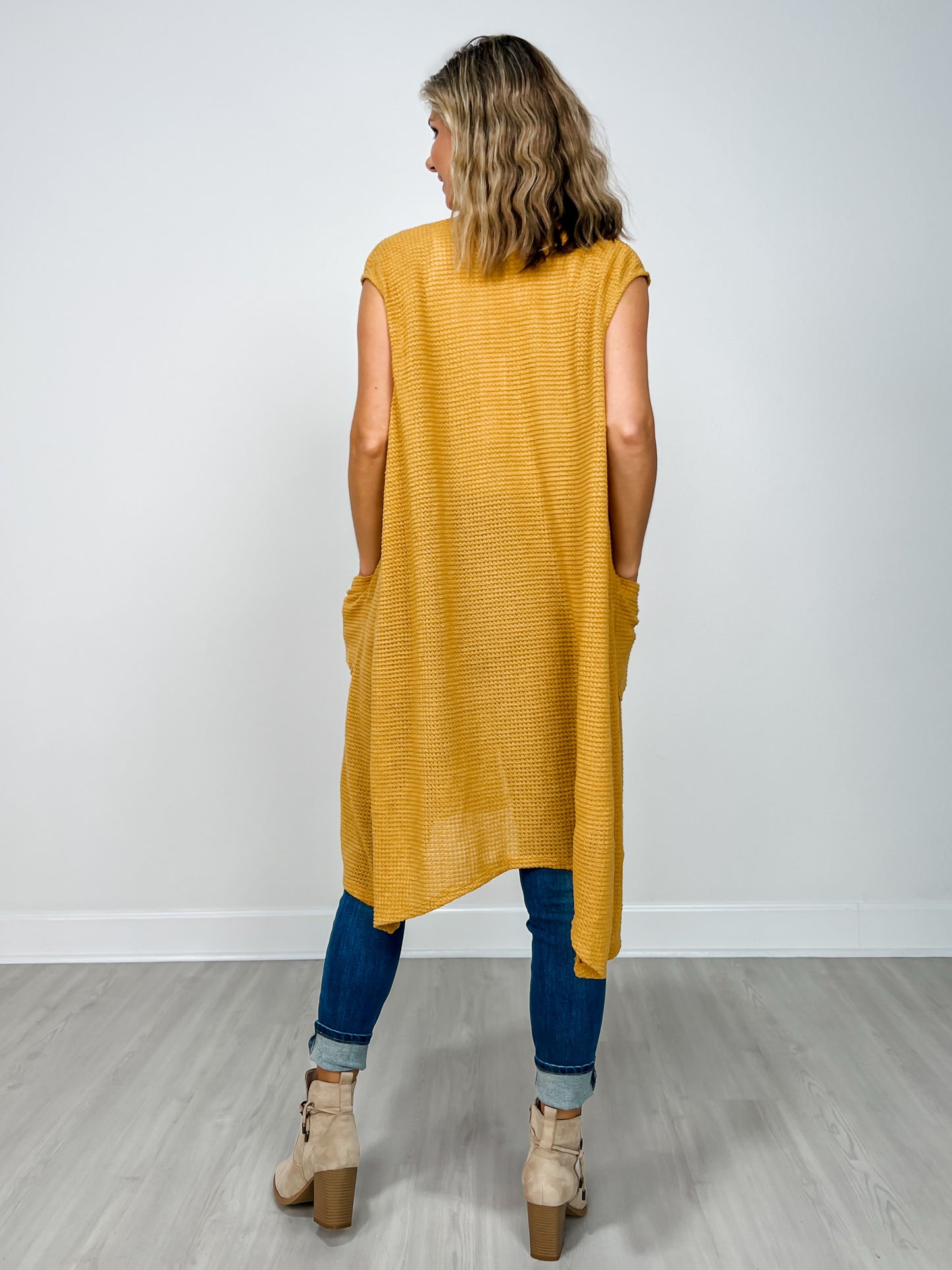 Open Front Crochet Midi Vest in MARIGOLD