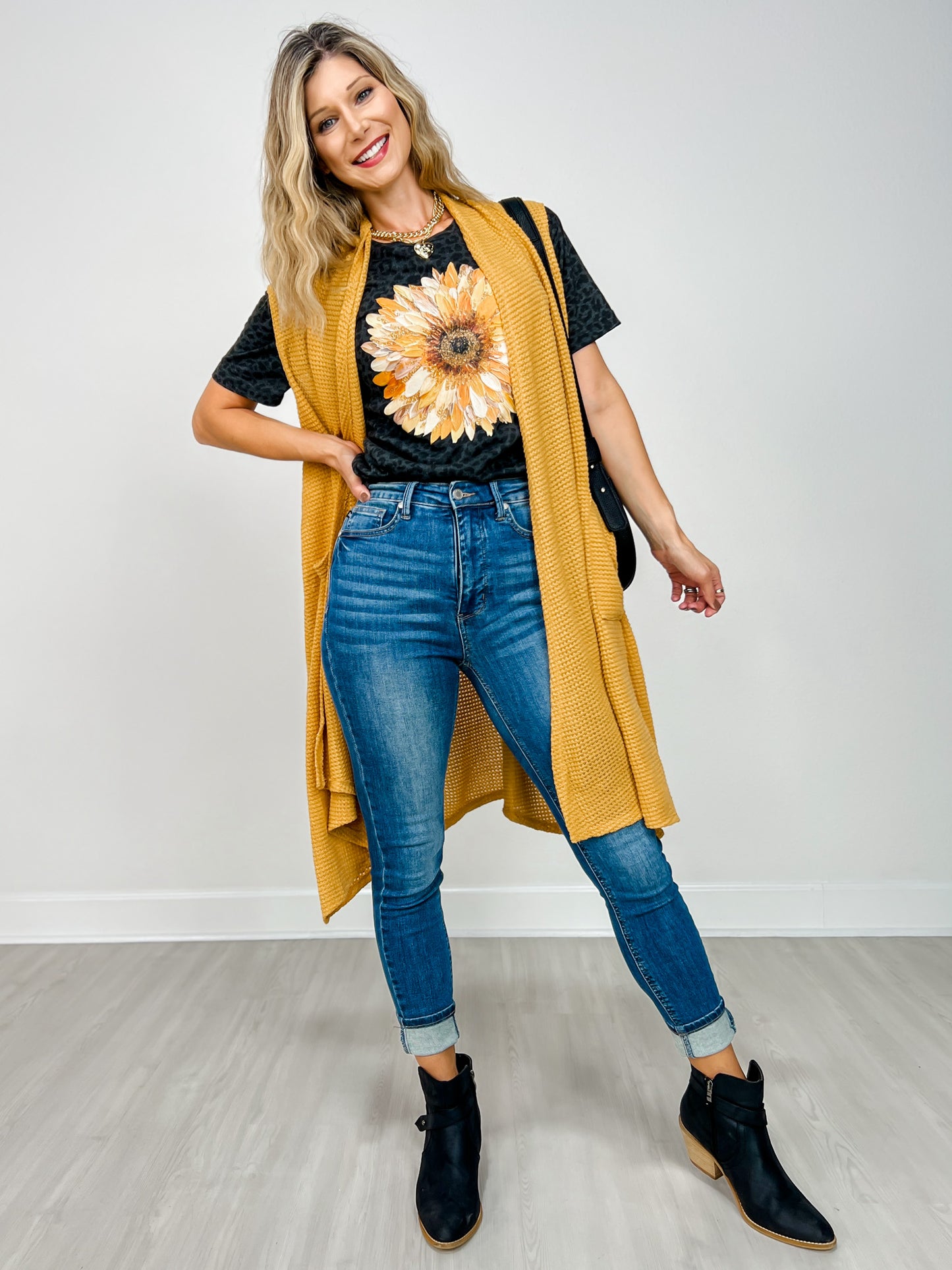 Open Front Crochet Midi Vest in MARIGOLD
