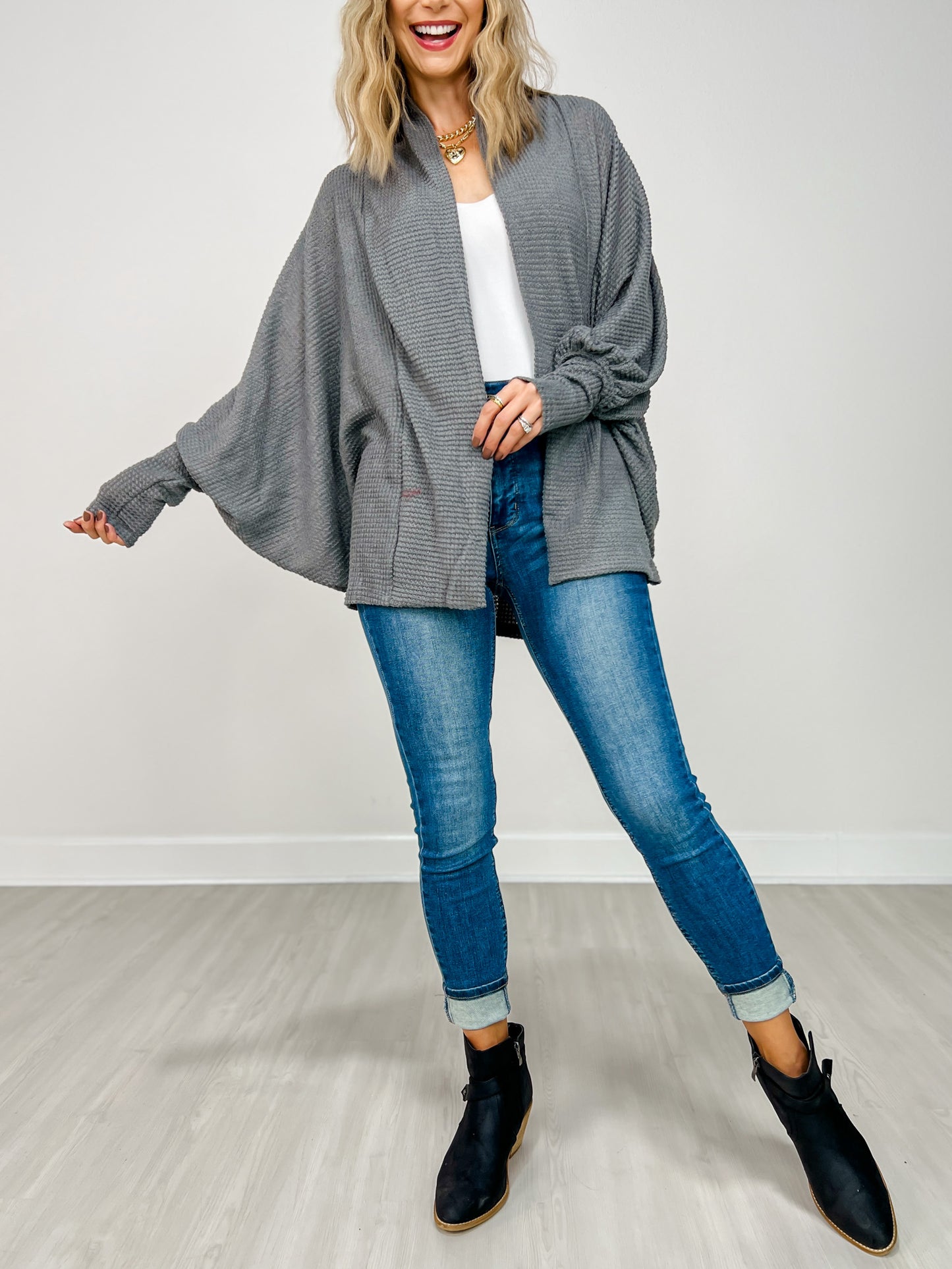 Dolman Sleeve Open Front Cardigan in CHARCOAL