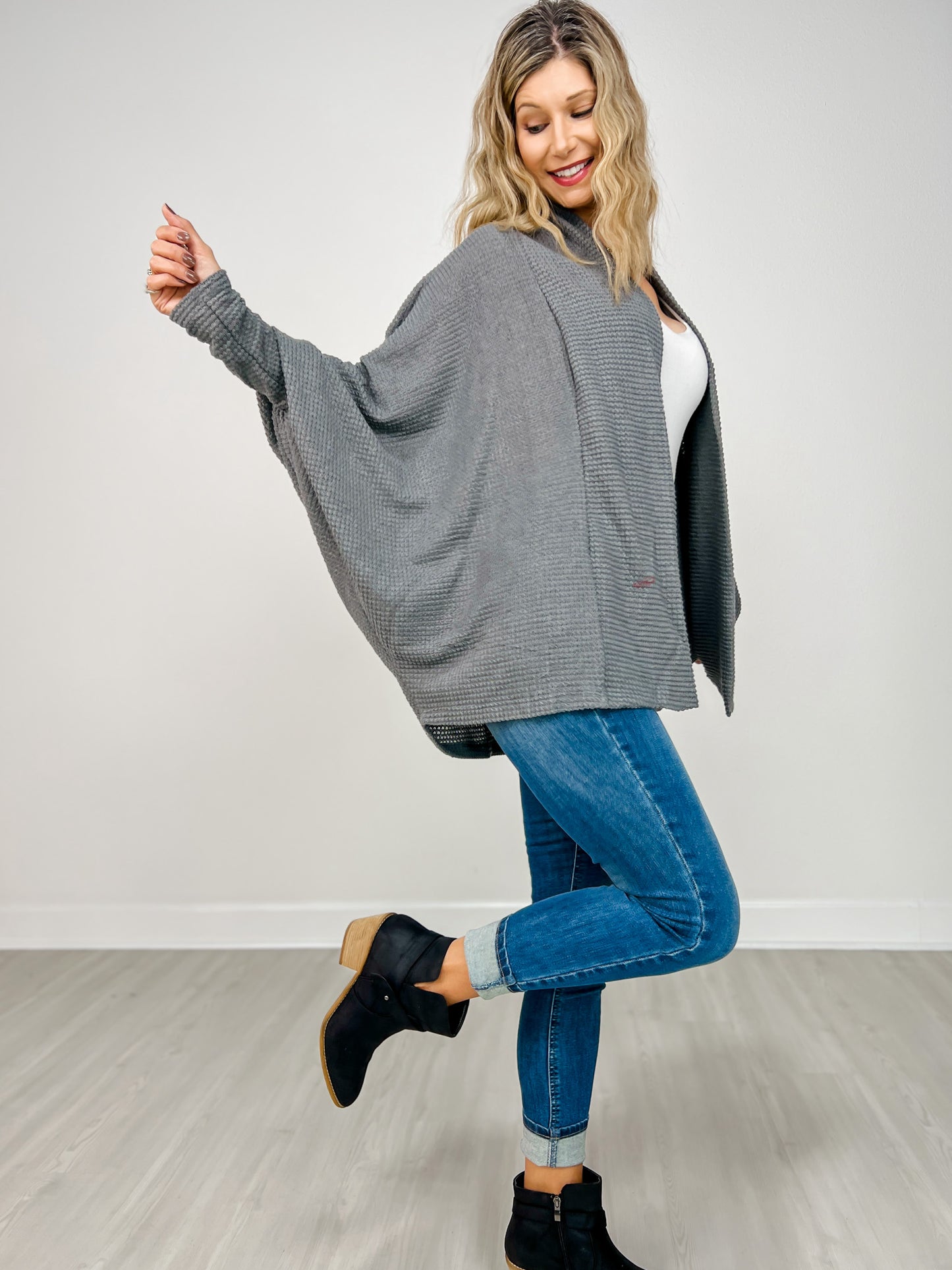 Dolman Sleeve Open Front Cardigan in CHARCOAL