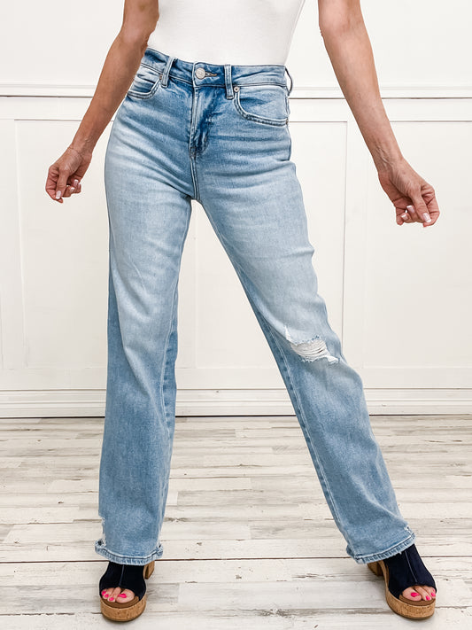 Mica High Rise Wide Leg Denim Jeans with Distressed Knee