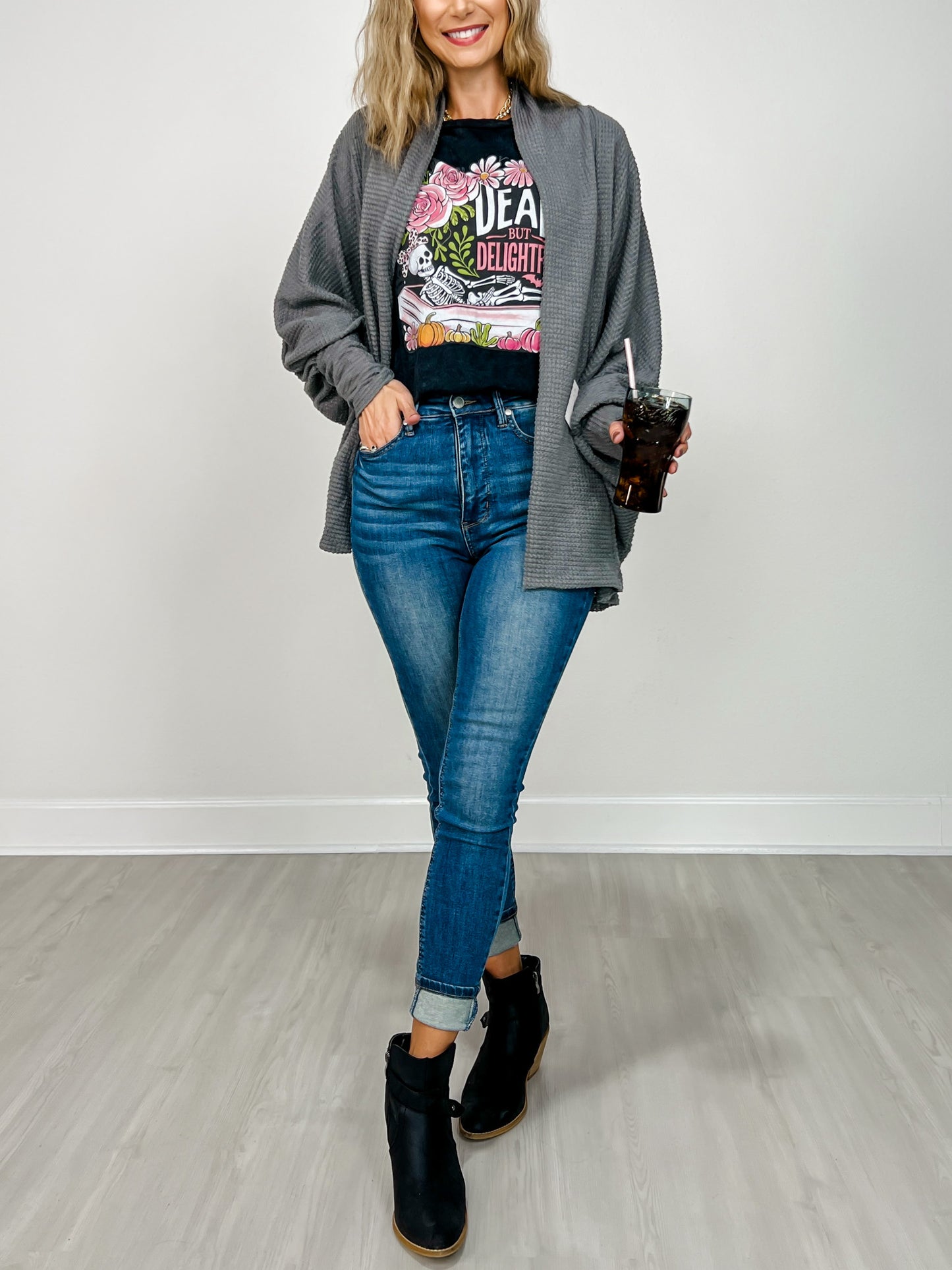 Dolman Sleeve Open Front Cardigan in CHARCOAL